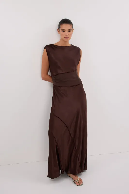 MONICA BITTER CHOCOLATE SATIN MIDI DRESS sold by Dissh