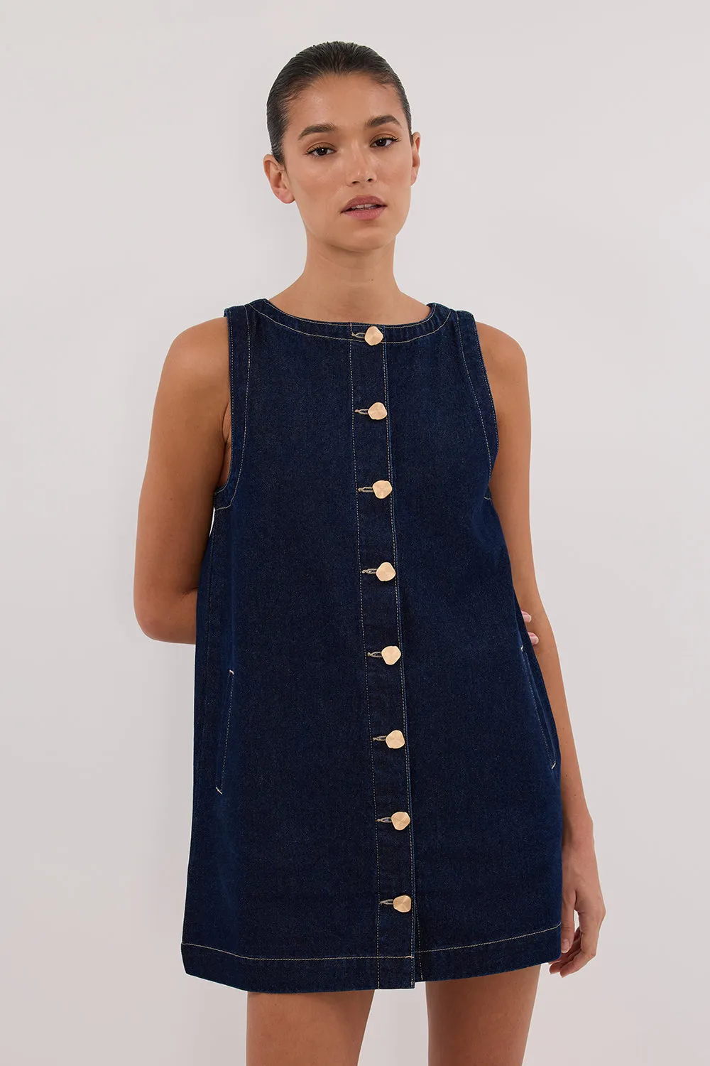 SHERI INDIGO DENIM MINI DRESS sold by Dissh