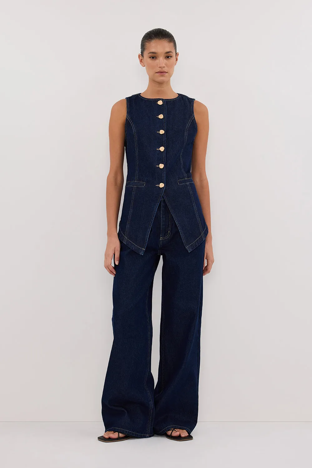 OLLY INDIGO DENIM VEST sold by Dissh