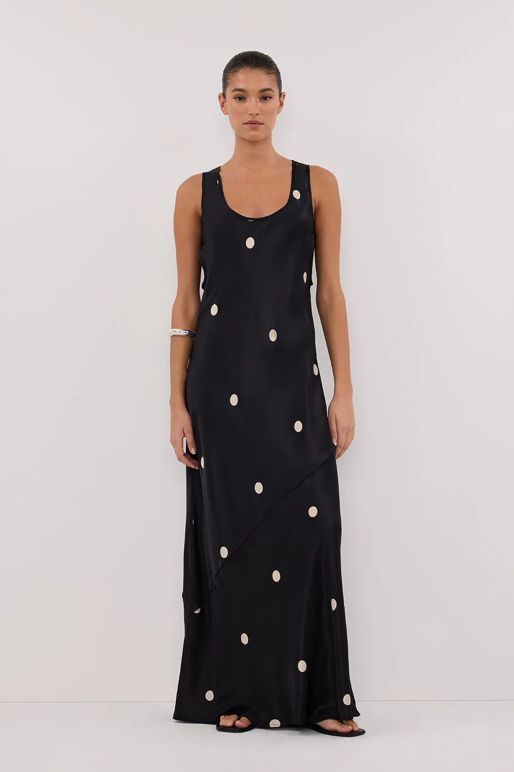 LAURA BLACK SPOT SILK MIDI DRESS sold by Dissh