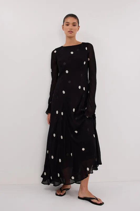 LAURA BLACK SPOT MAXI DRESS sold by Dissh