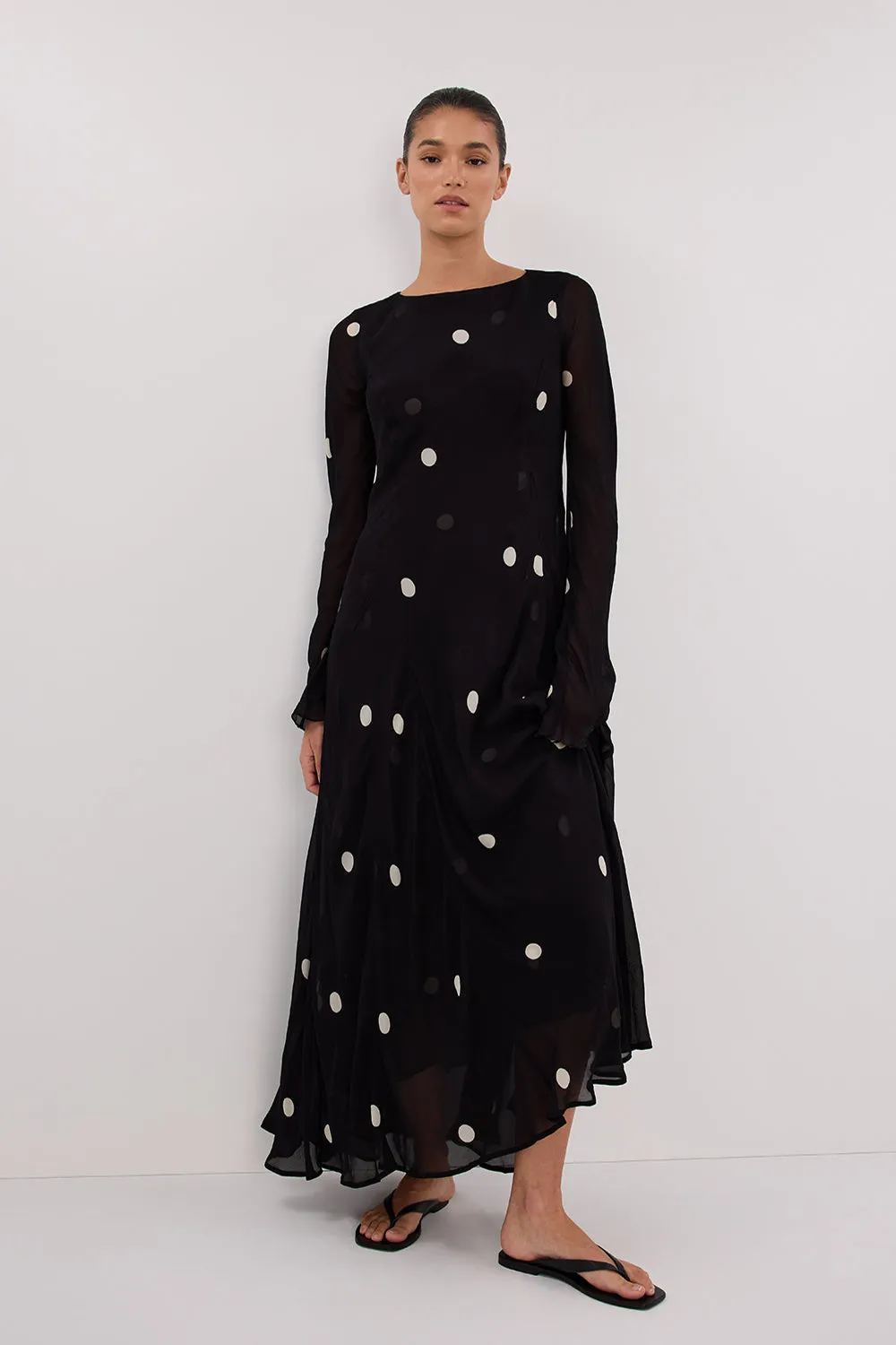 LAURA BLACK SPOT MAXI DRESS sold by Dissh