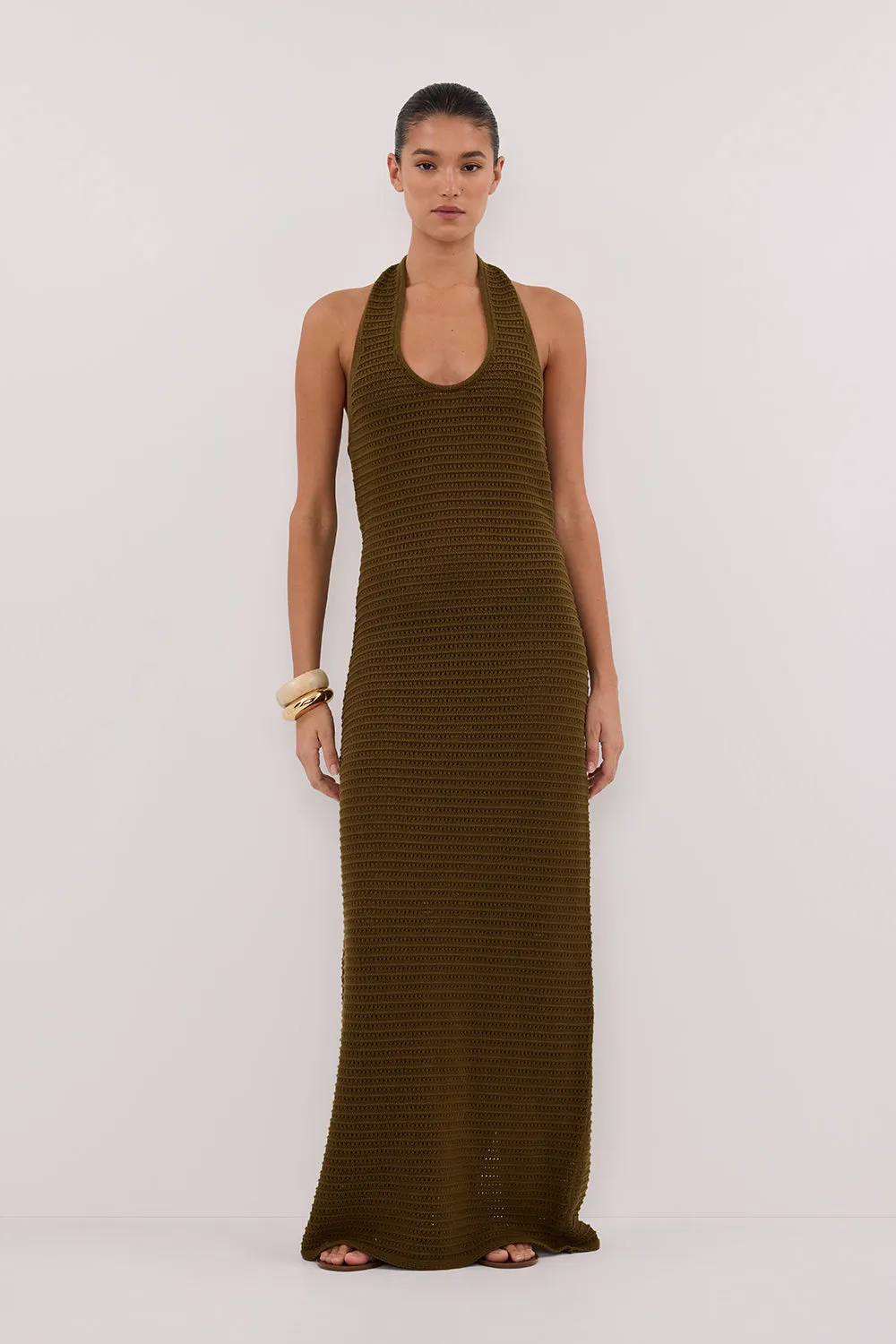 GINA OLIVE HALTER CROCHET MIDI DRESS sold by Dissh