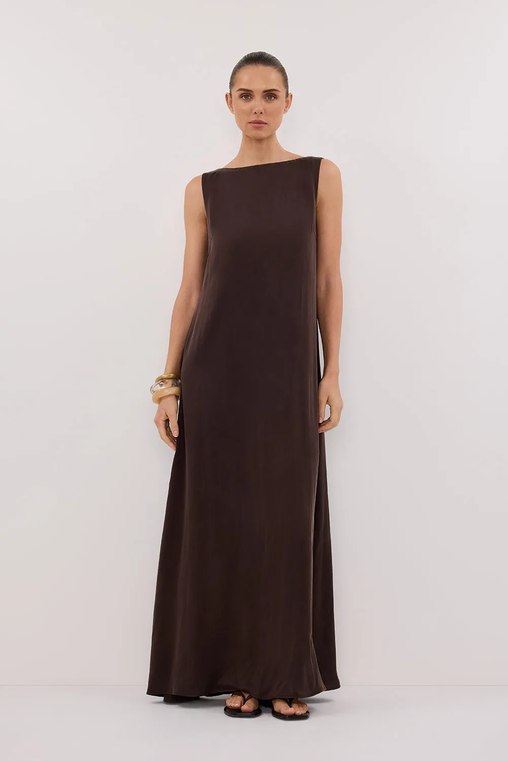LAYLA BITTER CHOC SILK MIDI DRESS sold by Dissh