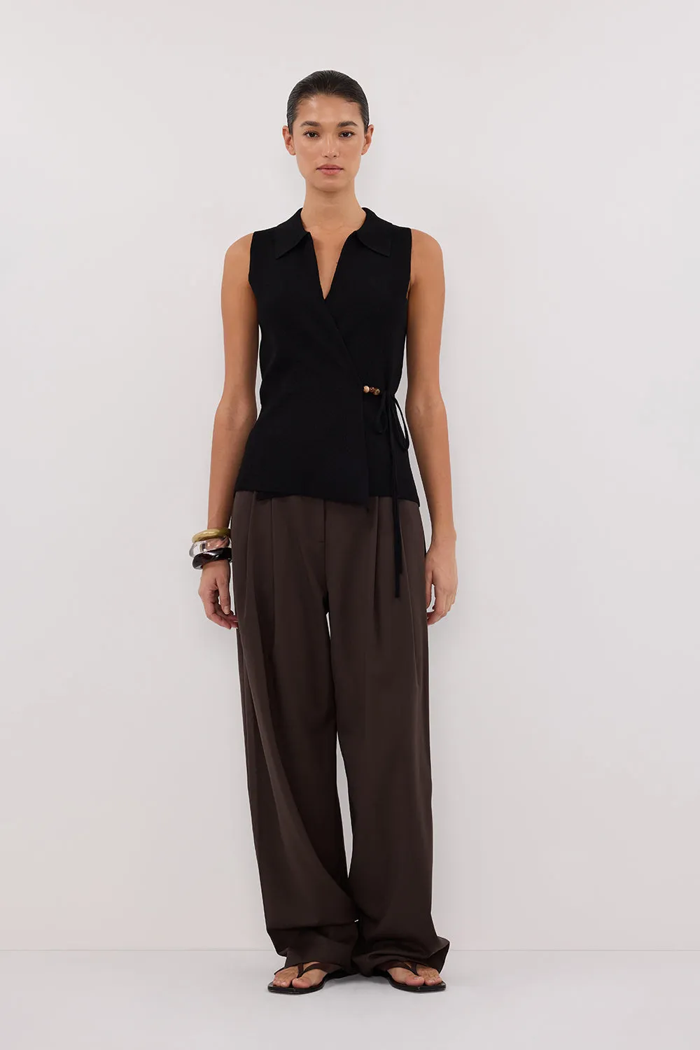 PAULA BLACK WRAP KNIT TOP sold by Dissh