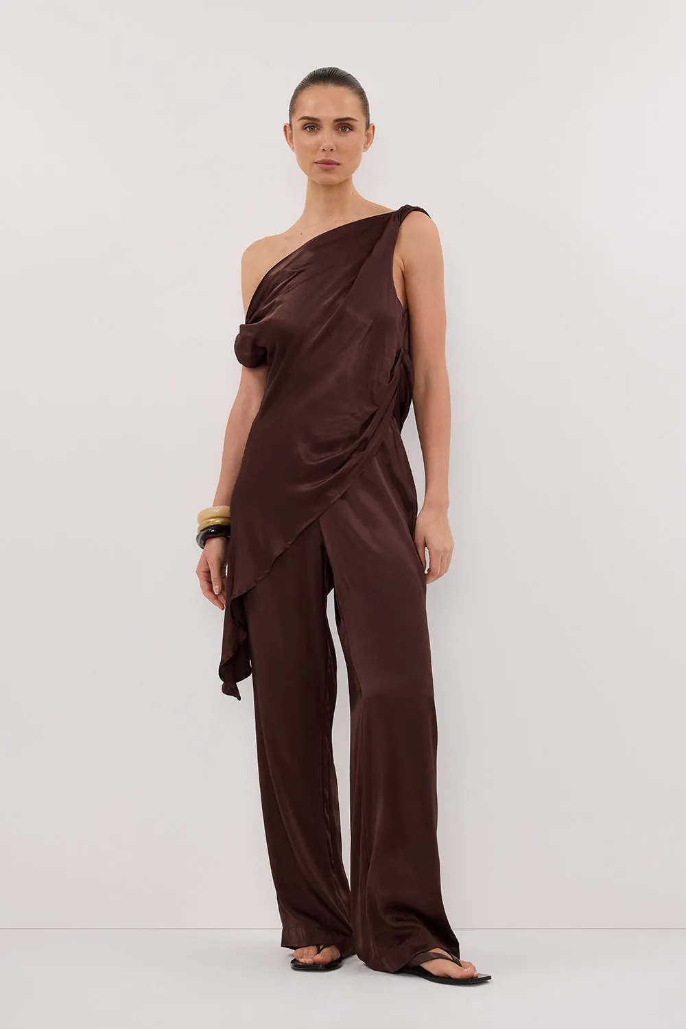 EVE BITTER CHOC ASYM SATIN TOP sold by Dissh