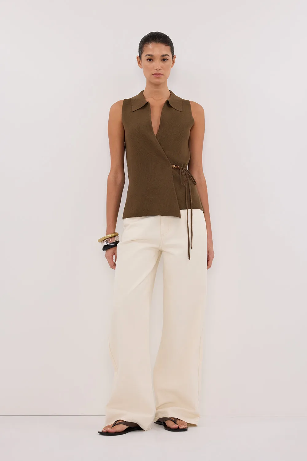 PAULA OLIVE WRAP KNIT TOP sold by Dissh