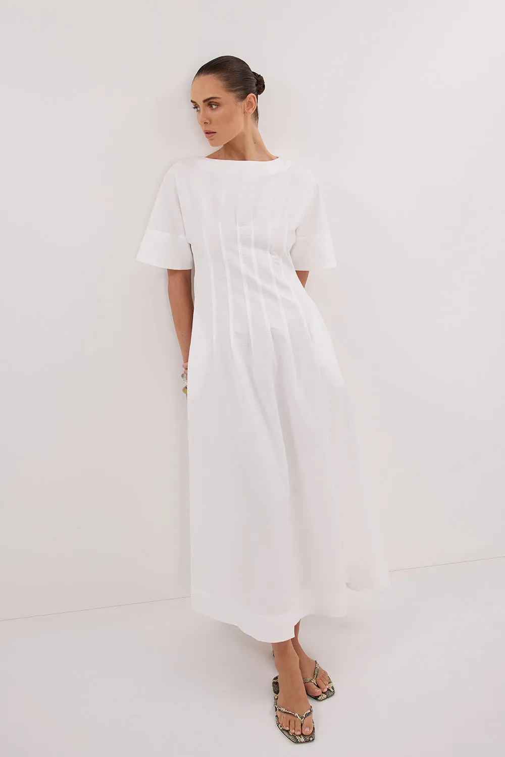 DAPHNE WHITE SLEEVED MIDI DRESS sold by Dissh