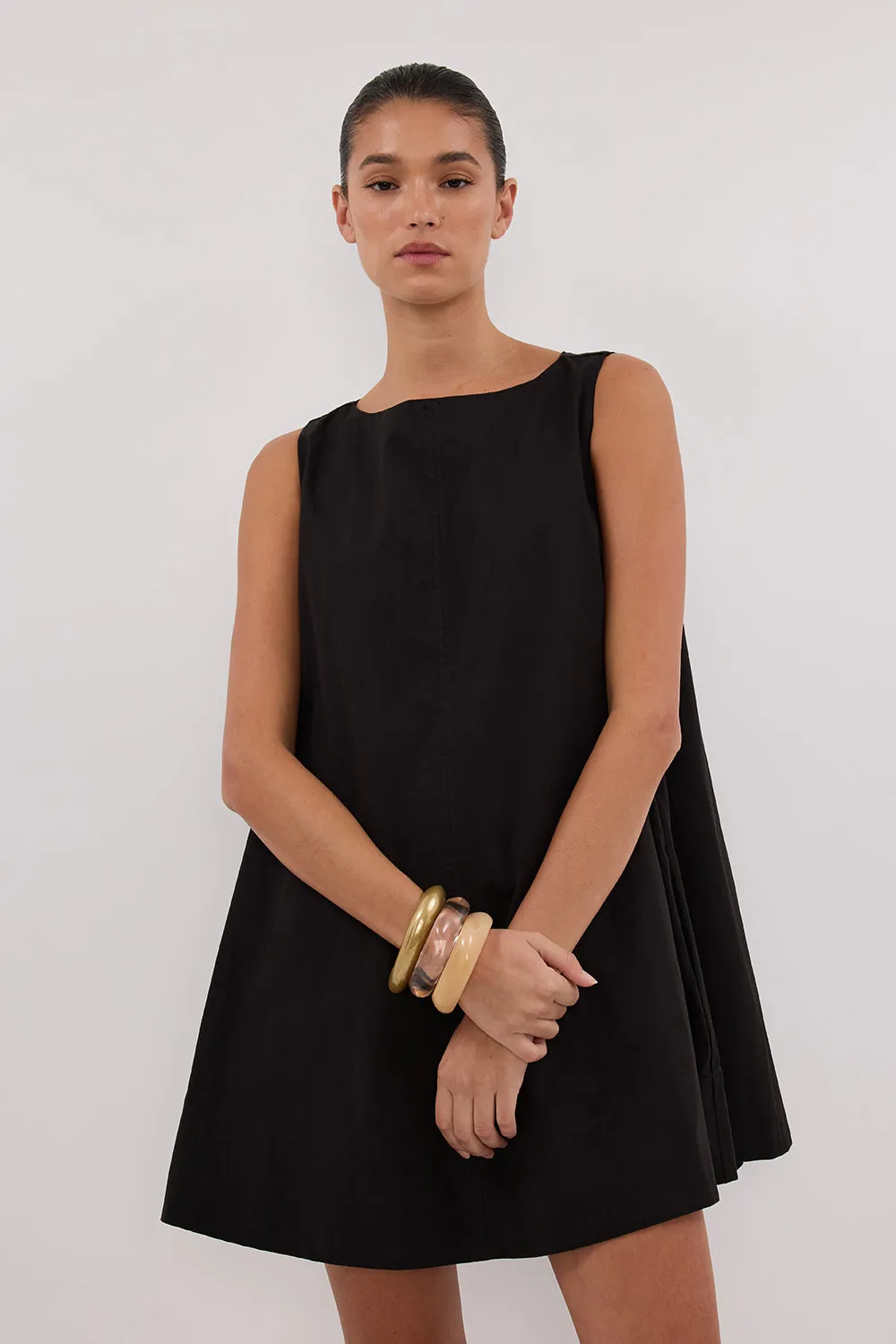 MAISIE BLACK POPLIN MINI DRESS sold by Dissh
