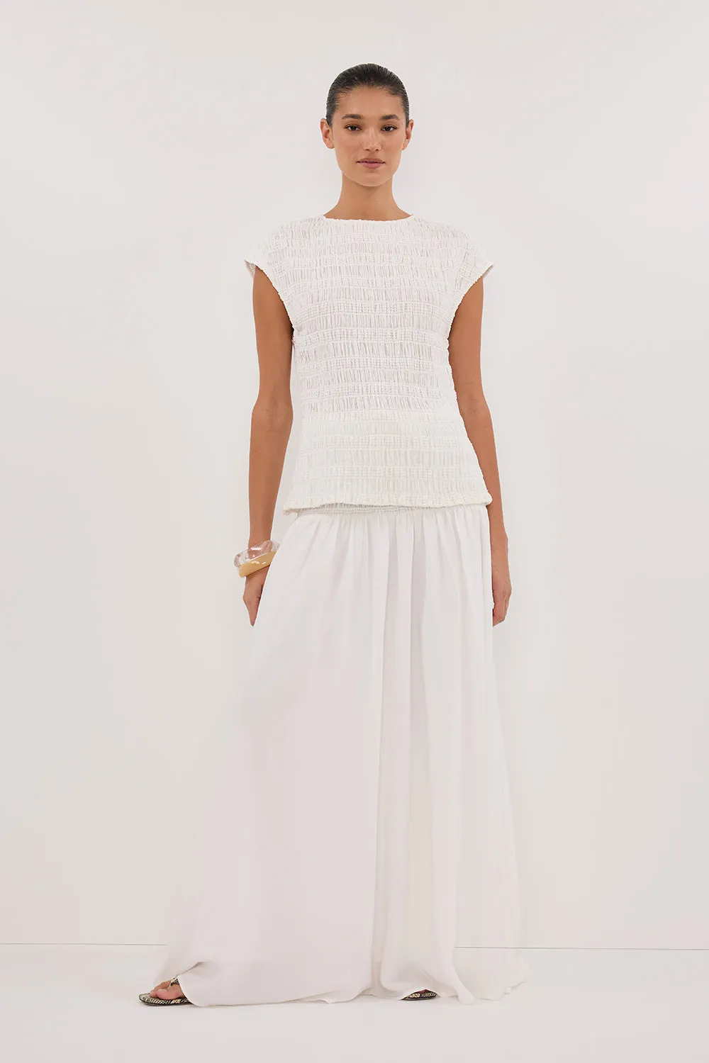 SIERRA WHITE TEXTURED MIDI SKIRT sold by Dissh