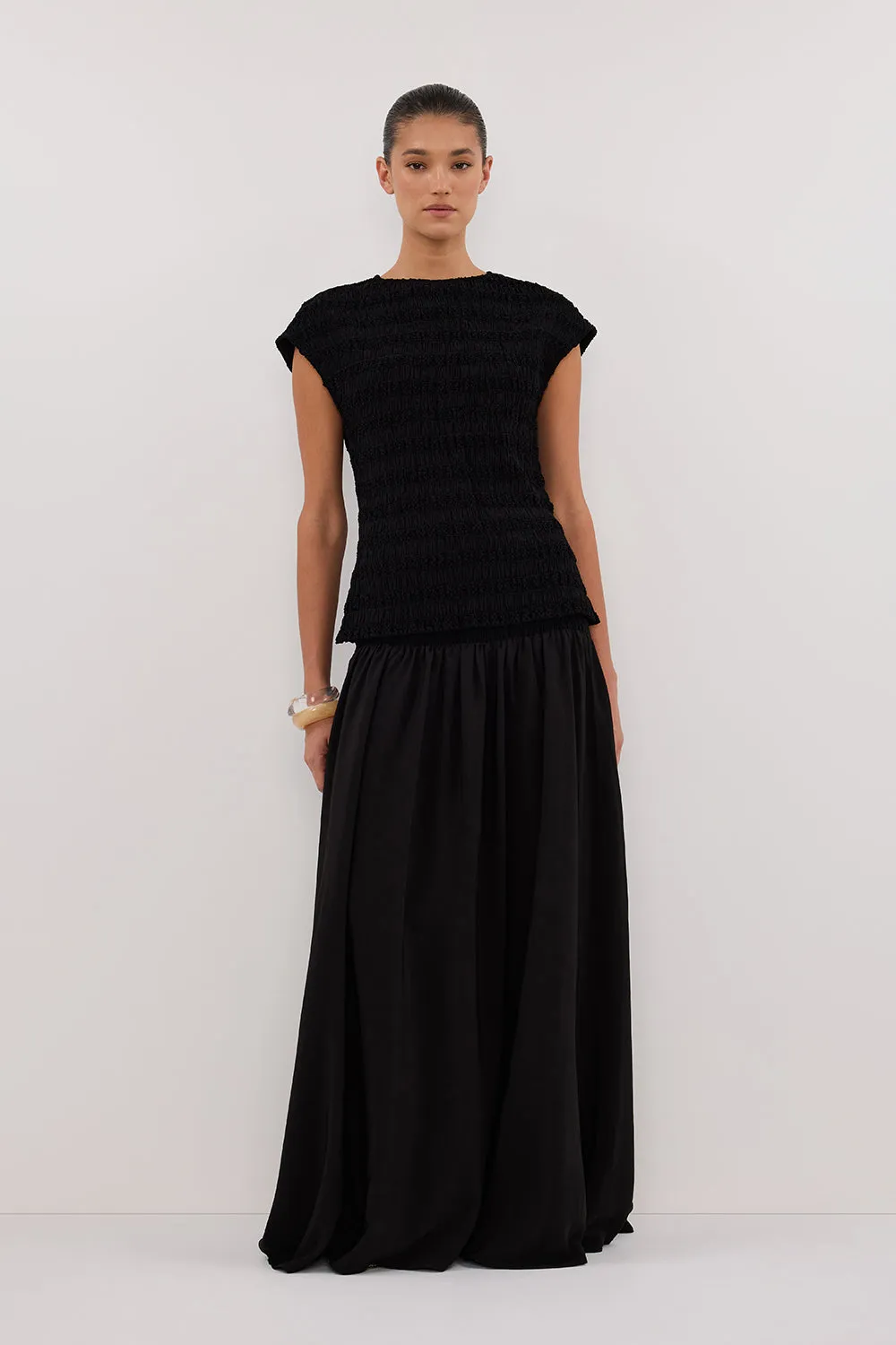 SIERRA BLACK TEXTURED MIDI SKIRT sold by Dissh