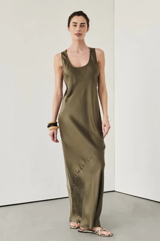 DARCY OLIVE SILK MAXI DRESS sold by Dissh