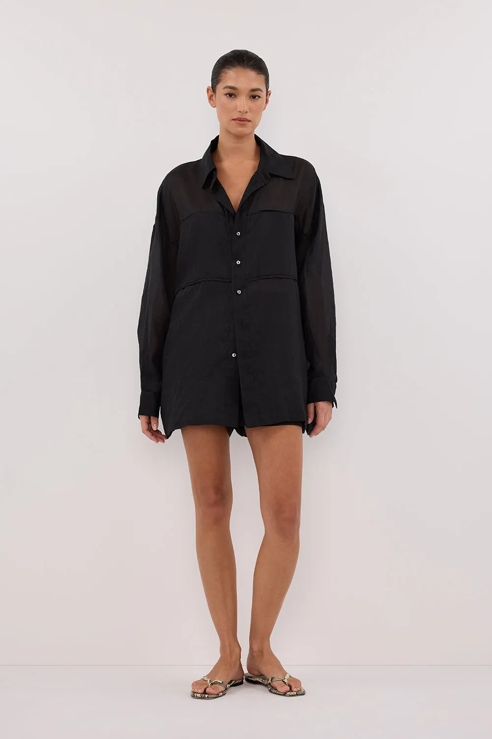 KAI BLACK OVERSIZED RAMIE LONG SLEEVE SHIRT sold by Dissh
