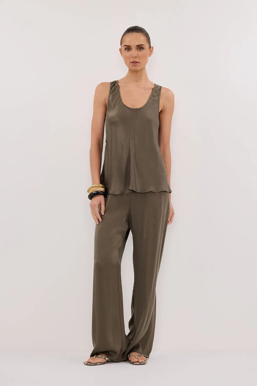 COLETTE OLIVE SILK CAMI TOP sold by Dissh
