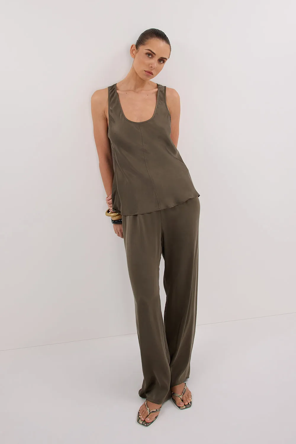 PERCY OLIVE SILK PANT sold by Dissh