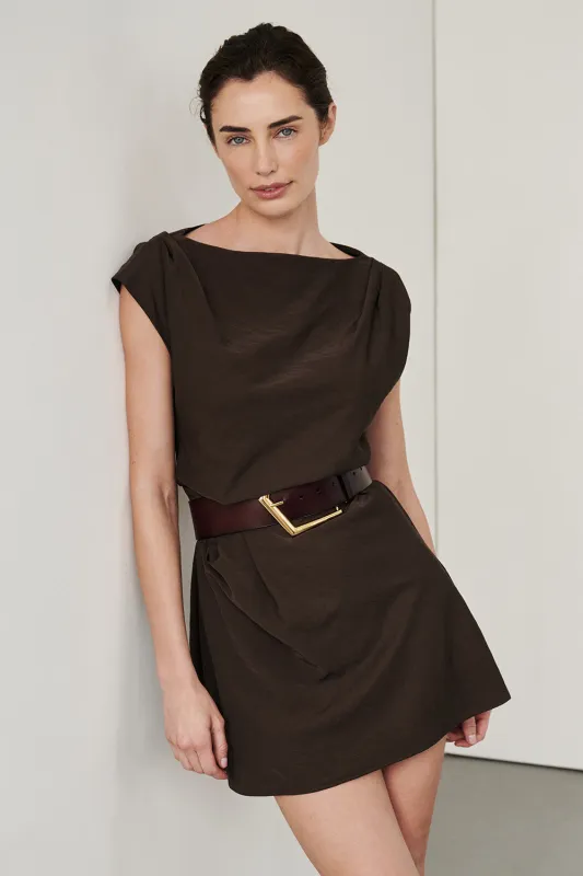 MARMO CHOCOLATE DRAPED MINI DRESS made by Dissh