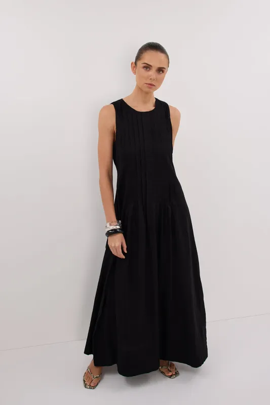 MILO BLACK LINEN BLEND MIDI DRESS sold by Dissh