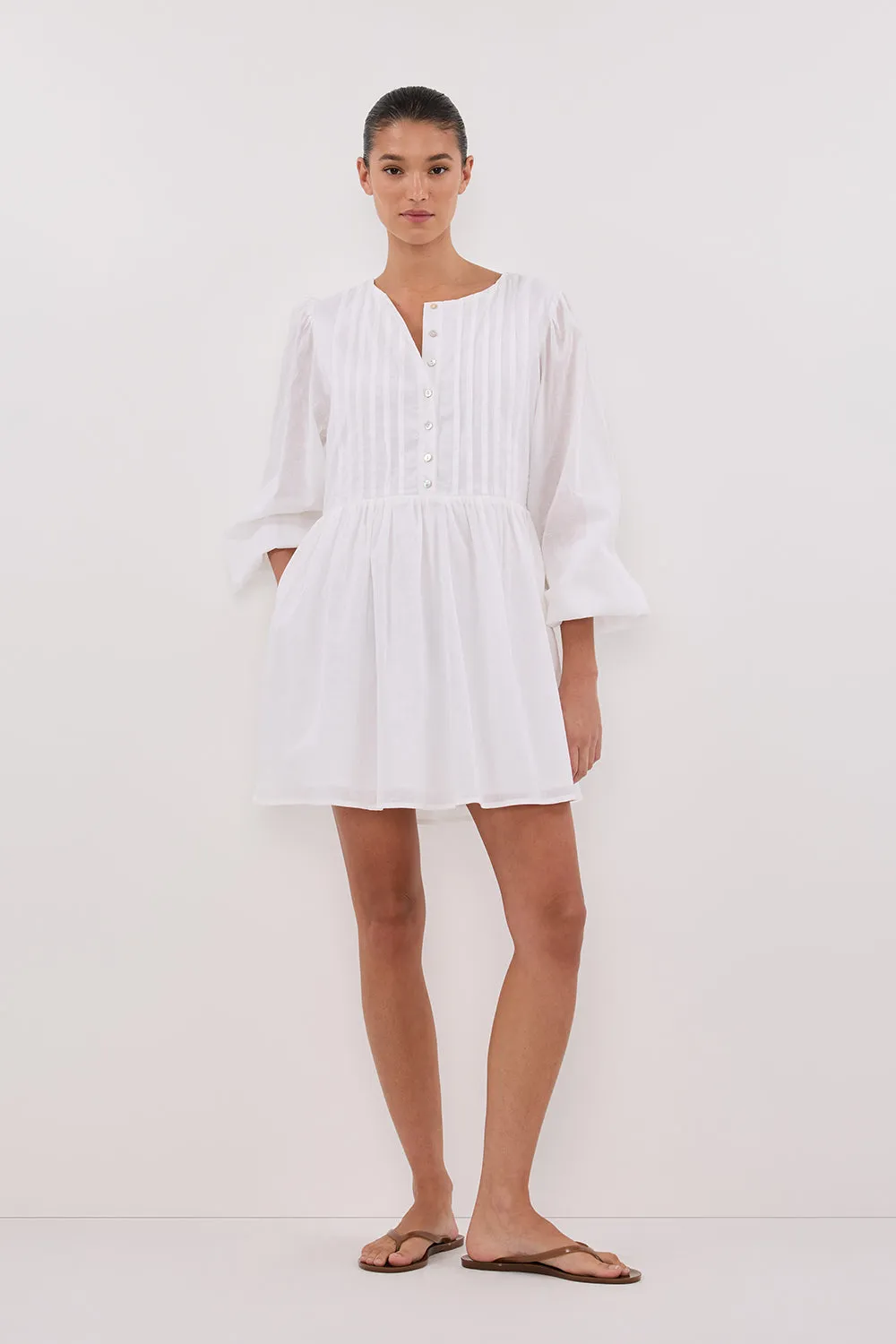 LARS WHITE BUTTON LONG SLEEVE LINEN MINI DRESS sold by Dissh