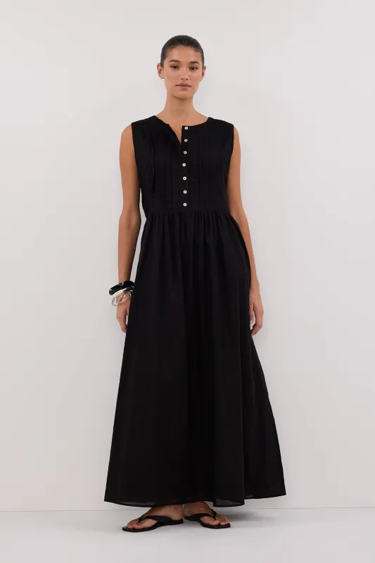 LARS BLACK PINTUCK LINEN MIDI DRESS sold by Dissh