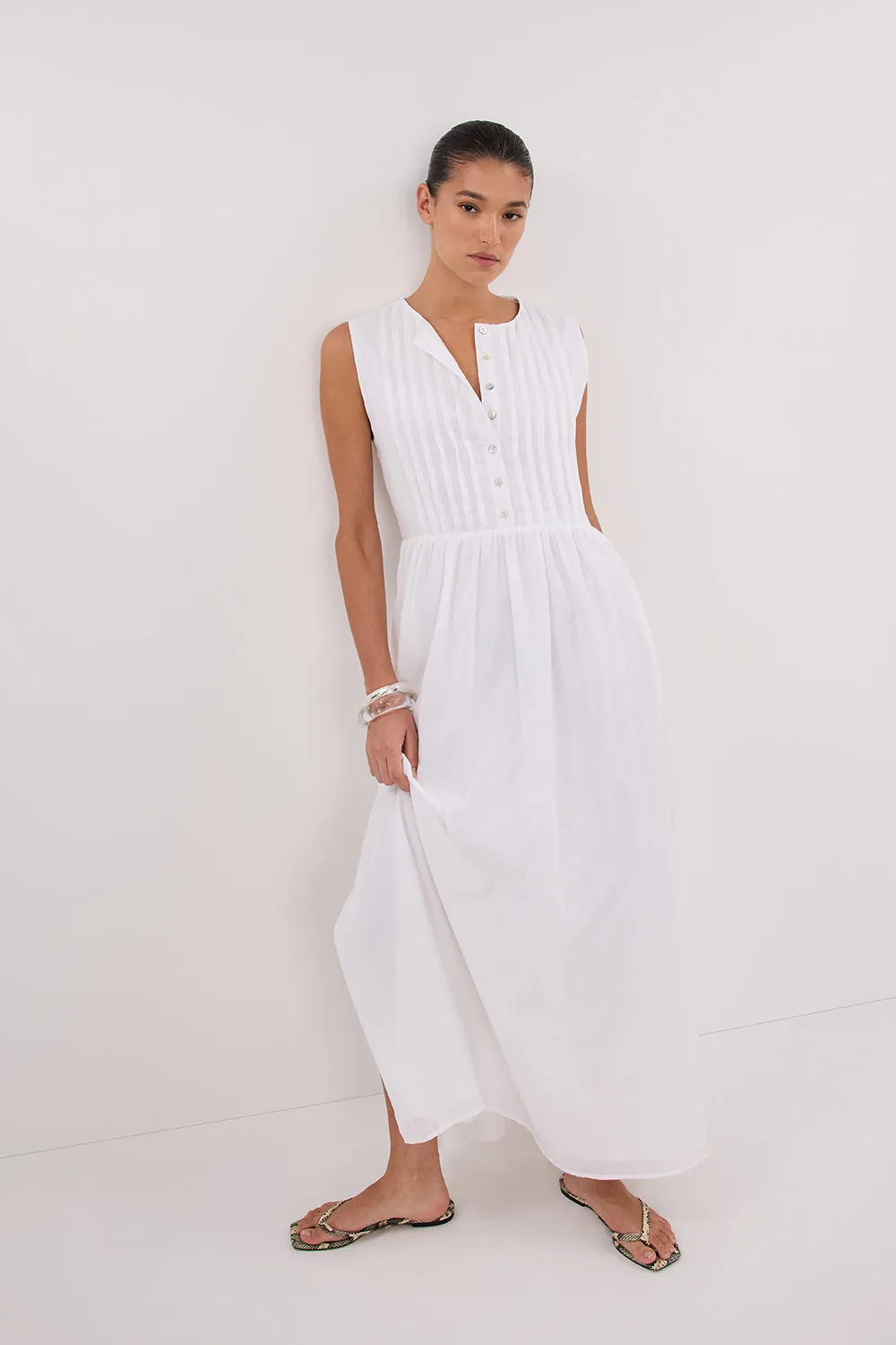 LARS WHITE PINTUCK LINEN MIDI DRESS sold by Dissh