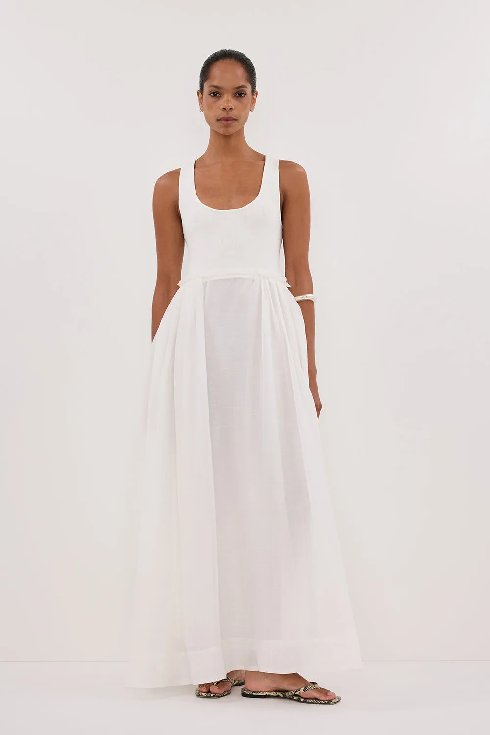 APRIL WHITE HYBRID KNIT MIDI DRESS sold by Dissh