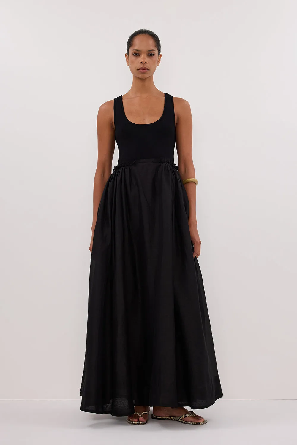 APRIL BLACK HYBRID KNIT MIDI DRESS sold by Dissh