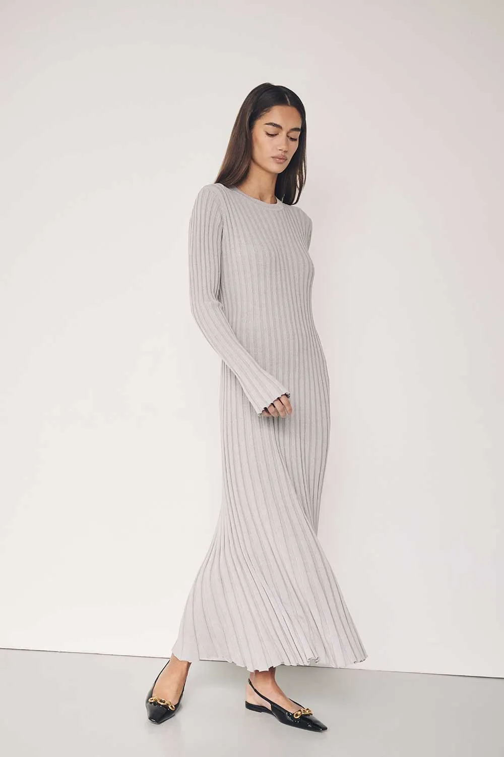 ADA SILVER LONG SLEEVE MIDI DRESS sold by Dissh