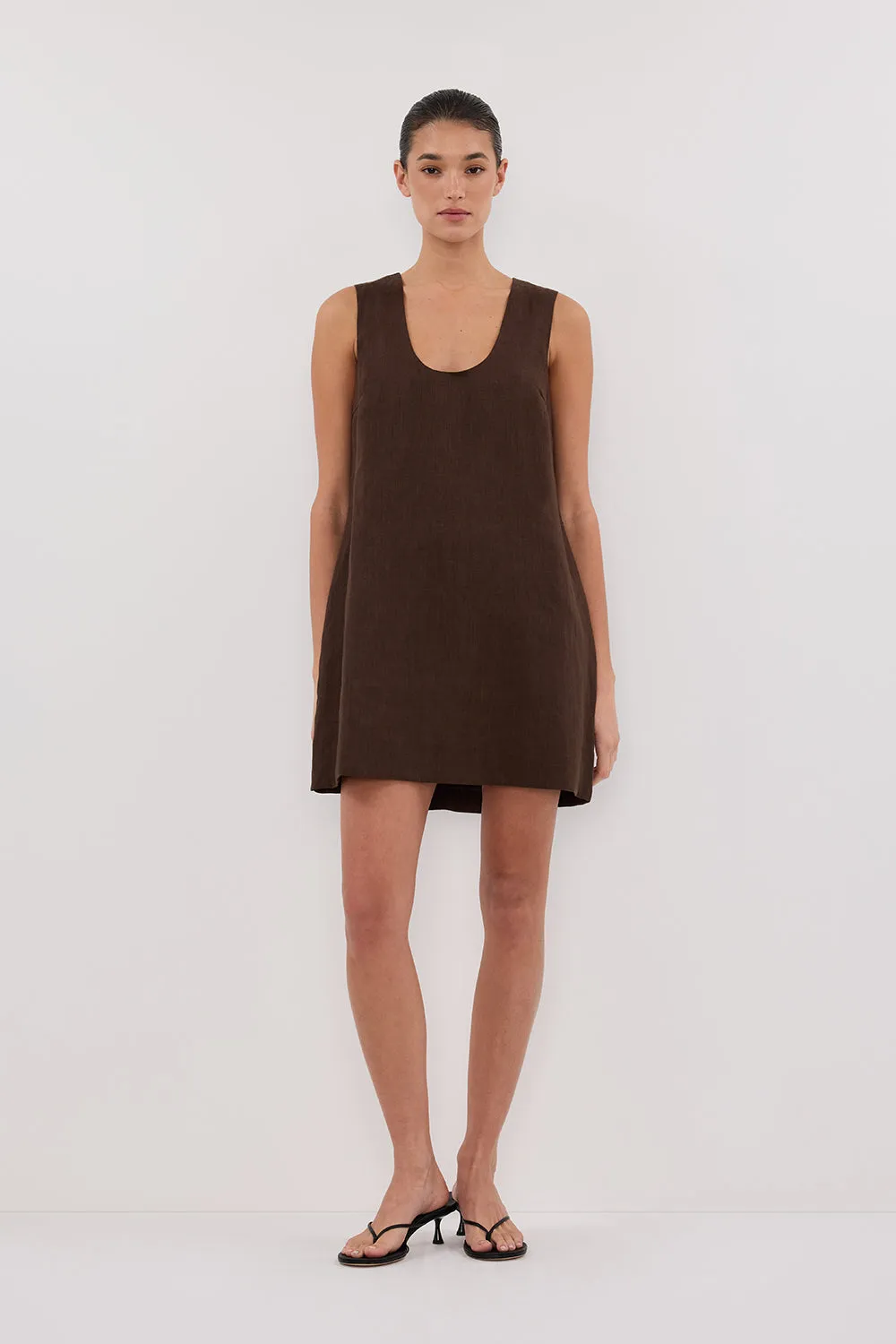 LOTUS BITTER CHOC LINEN MINI DRESS sold by Dissh