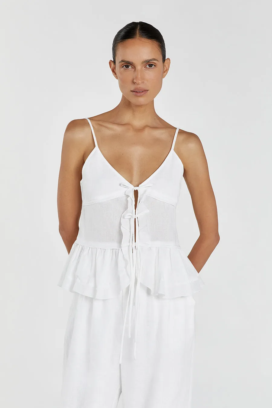 MIMI WHITE LINEN TIE FRONT TOP sold by Dissh product image thumbnail 2