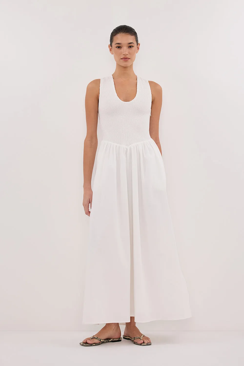 FLORENCE WHITE SLEEVELESS COTTON MIDI DRESS sold by Dissh