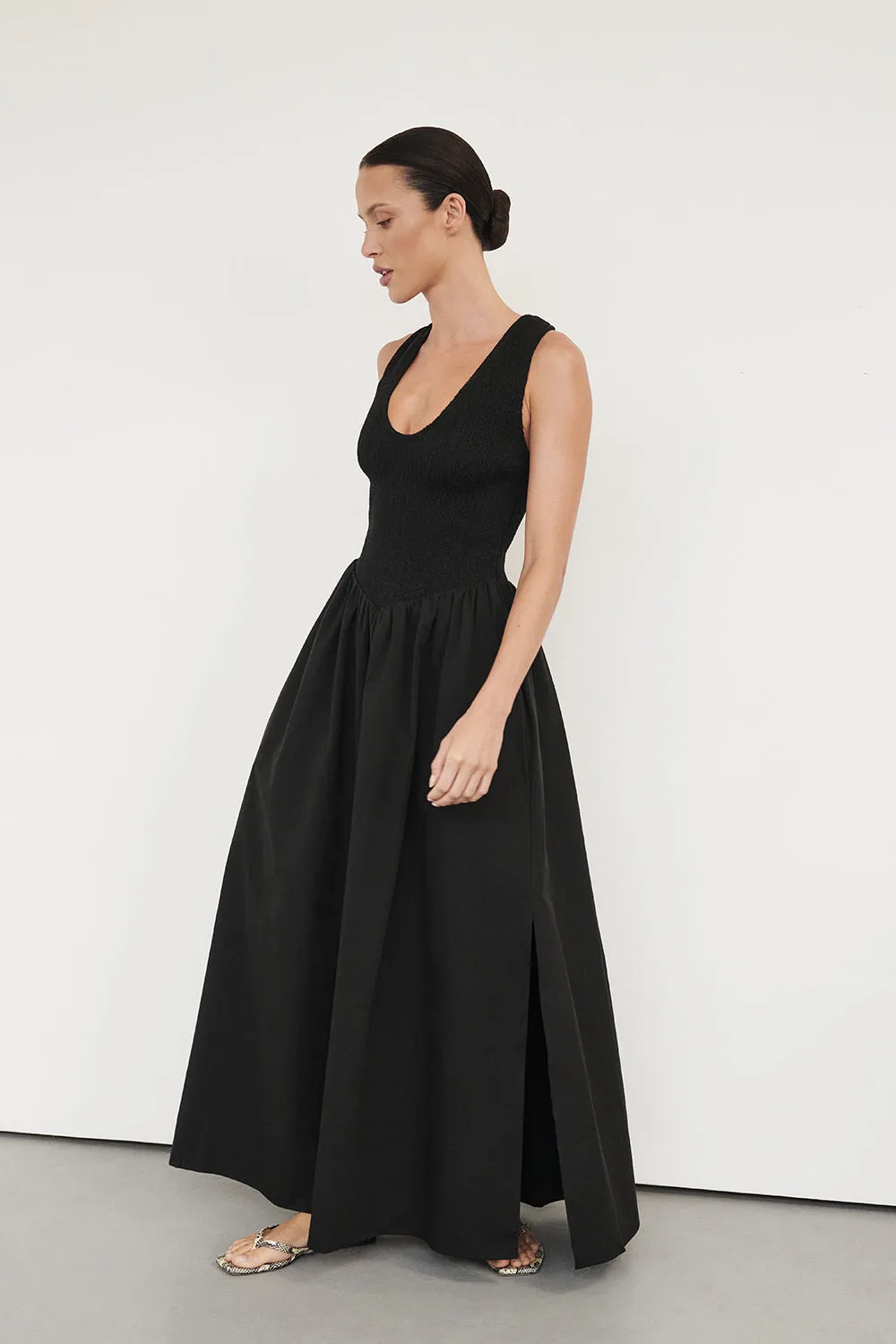 FLORENCE BLACK SLEEVELESS COTTON MIDI DRESS sold by Dissh