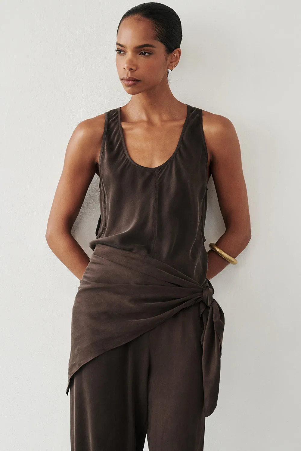 PERCY BITTER CHOC SILK SCARF TOP sold by Dissh