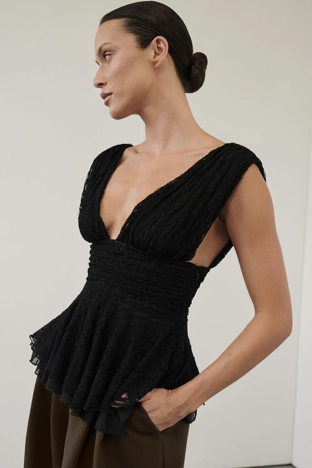 LIZZIE BLACK LACE PEPLUM TOP sold by Dissh