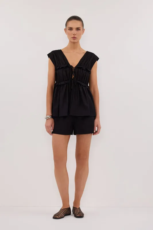 QUINN BLACK LINEN RUFFLE TOP made by Dissh