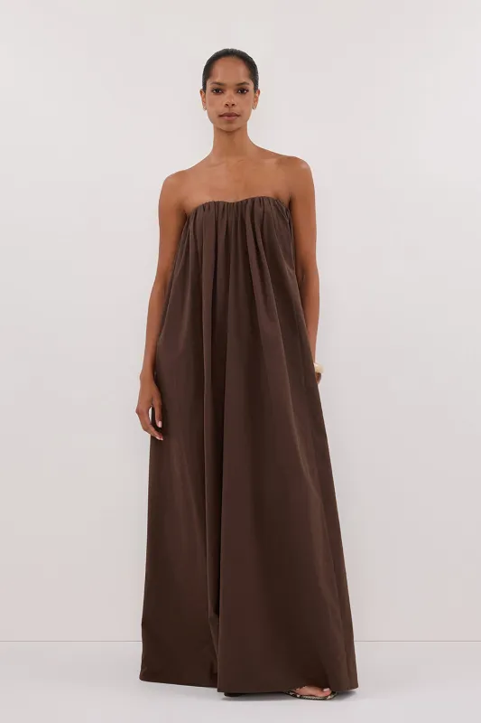 ROISIN BITTER CHOC COTTON STRAPLESS MAXI DRESS sold by Dissh
