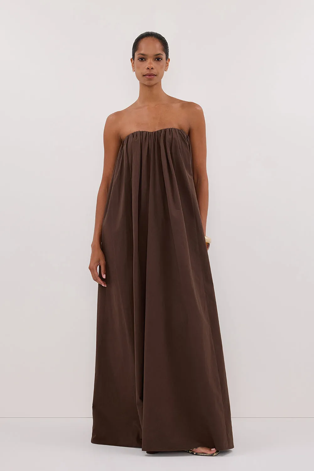 ROISIN BITTER CHOC COTTON STRAPLESS MAXI DRESS sold by Dissh