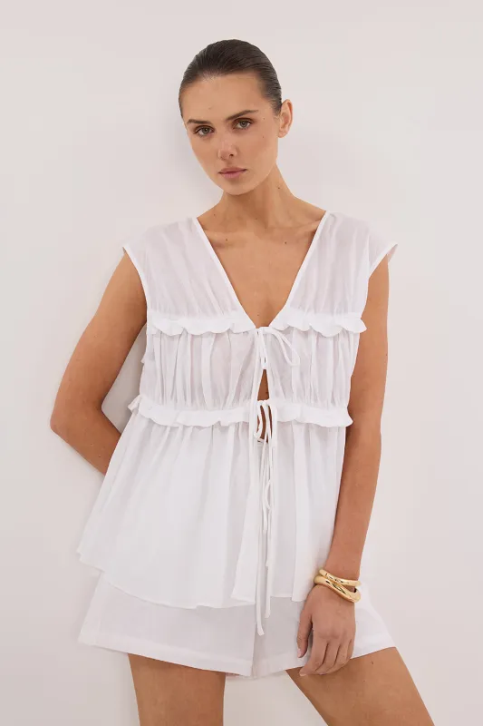 QUINN WHITE LINEN RUFFLE TOP sold by Dissh