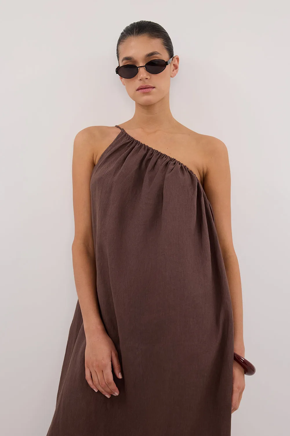 ALMA BITTER CHOC ASYM LINEN MIDI DRESS sold by Dissh product image thumbnail 3