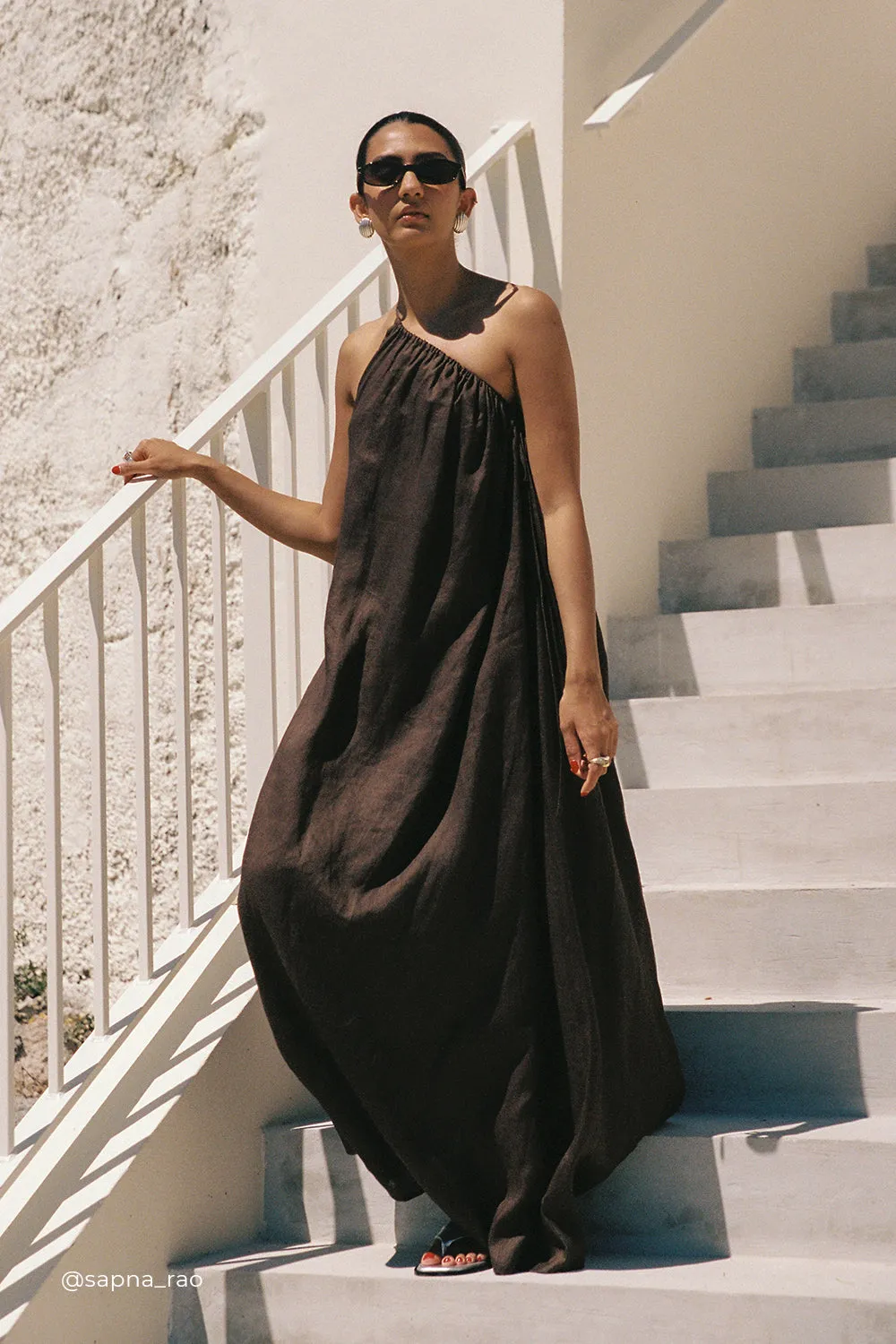 ALMA BITTER CHOC ASYM LINEN MIDI DRESS sold by Dissh