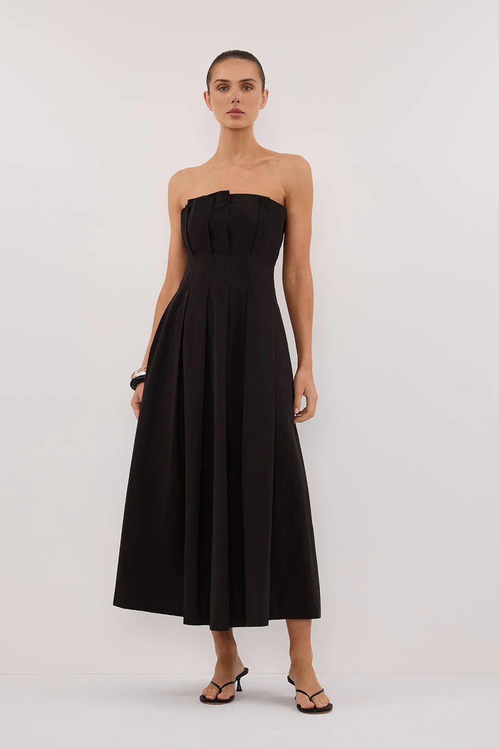 LILLY BLACK COTTON STRAPLESS MIDI DRESS sold by Dissh