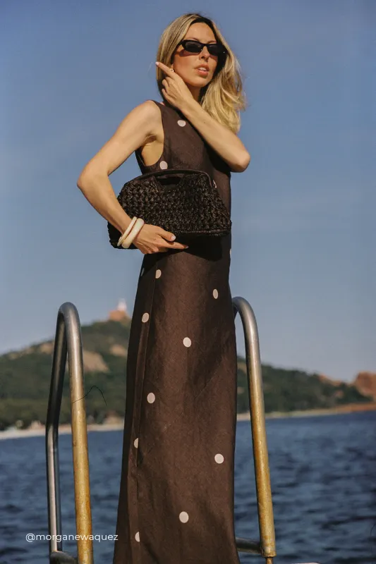 BEVERLY BITTER CHOC SPOT LINEN MIDI DRESS sold by Dissh