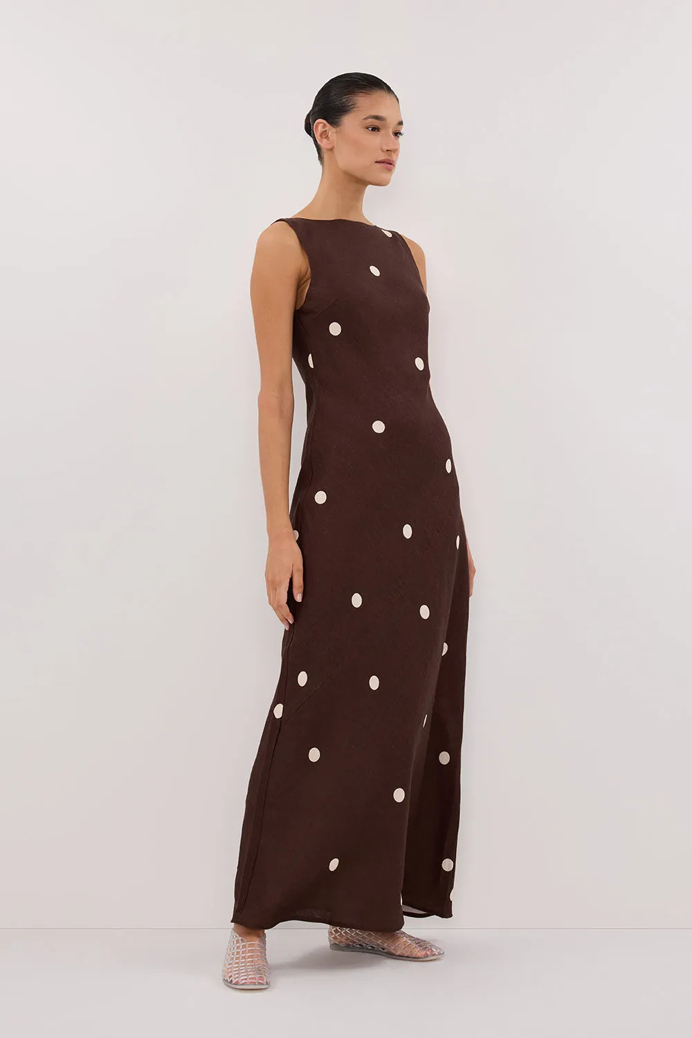 BEVERLY BITTER CHOC SPOT LINEN MIDI DRESS sold by Dissh product image thumbnail 4