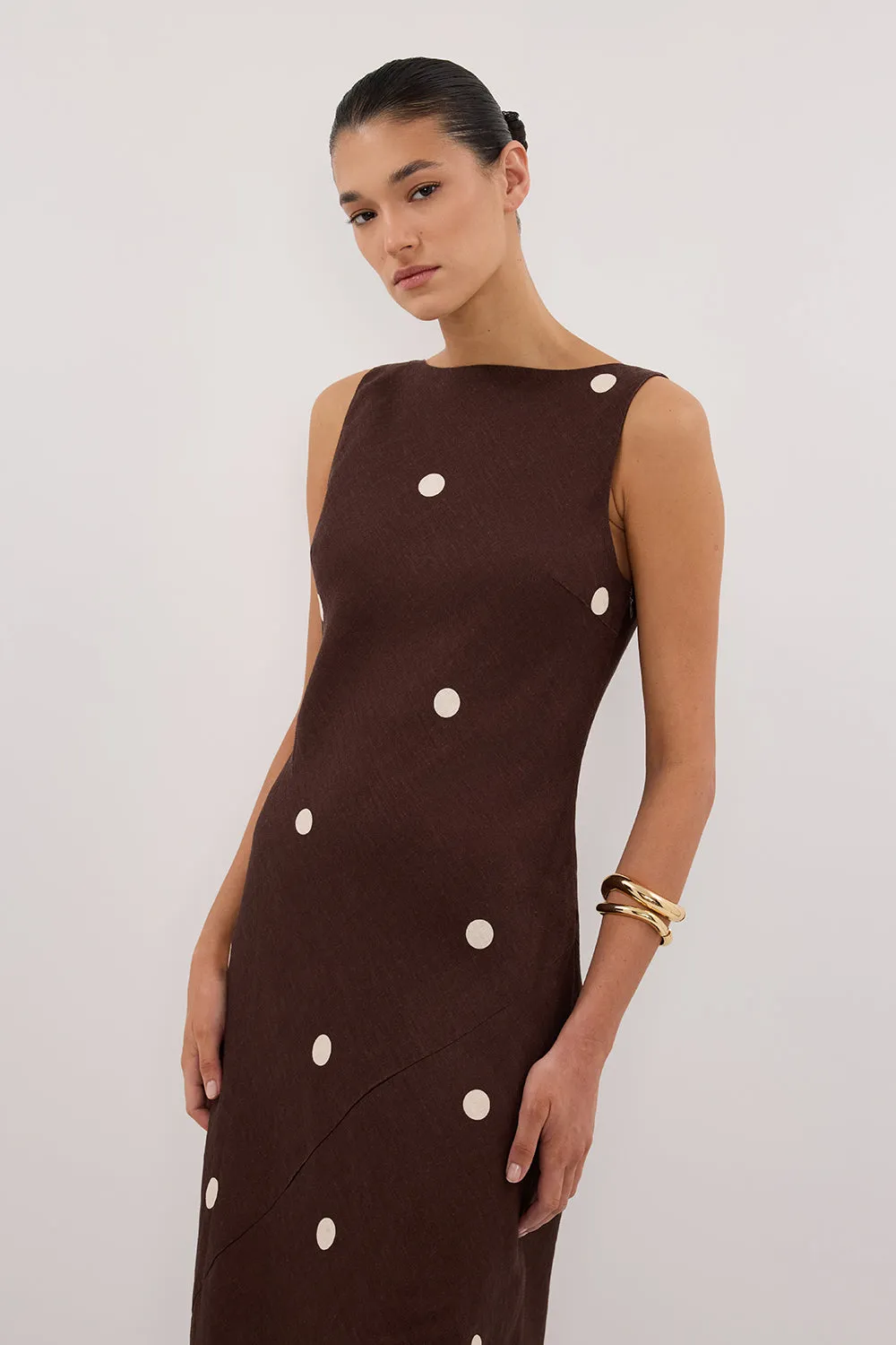 BEVERLY BITTER CHOC SPOT LINEN MIDI DRESS sold by Dissh product image thumbnail 3