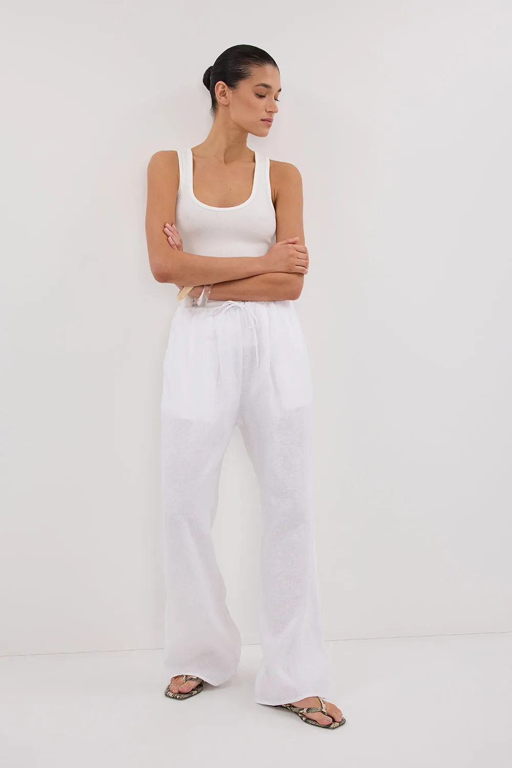 CARLA WHITE DRAWSTRING LINEN PANT sold by Dissh