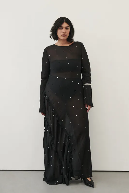 MELROSE BLACK SPOT LONG SLEEVE MAXI DRESS sold by Dissh