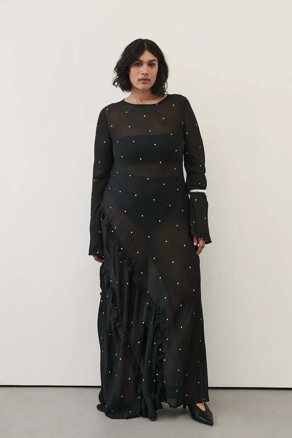 MELROSE BLACK SPOT LONG SLEEVE MAXI DRESS sold by Dissh