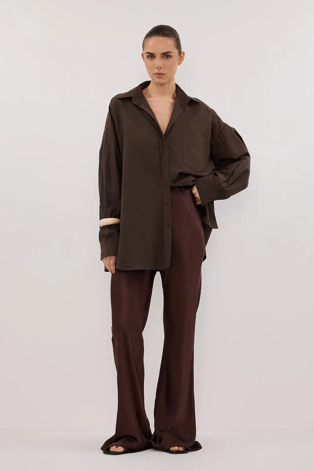 NIKKI BITTER CHOC SATIN BIAS PANT sold by Dissh