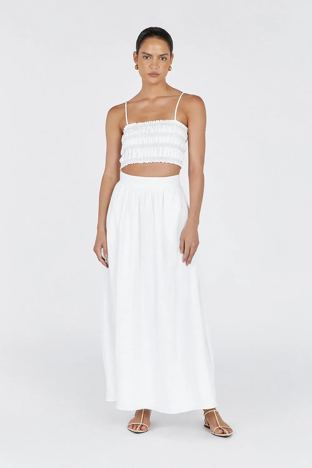 BIANCA WHITE SHIRRED LINEN TOP sold by Dissh