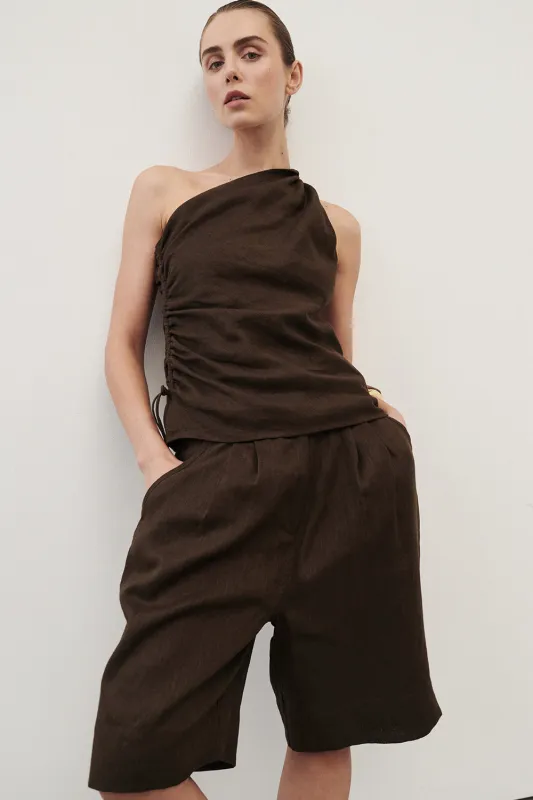 KAYLA BITTER CHOC LINEN BERMUDA SHORT sold by Dissh