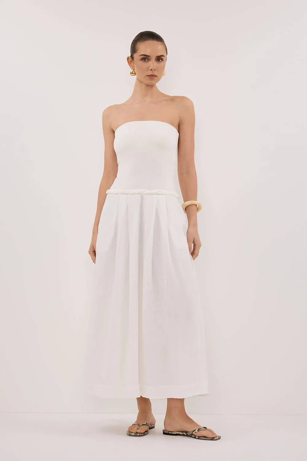 COCO WHITE STRAPLESS HYRBID MIDI DRESS sold by Dissh